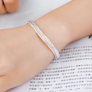 925 Sterling Silver Necklace Bracelet Set Double Chain Geometric Christmas NEW!